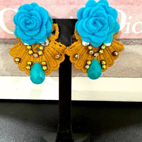 Handmade Blue Rose Earrings Floral Rhinestone Teardrop Statement Dangles - Picture 1 of 3